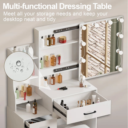 Modern White Dressing Table Stool Set with 3-Color Adjustable LED Light Mirror 4 Drawers.