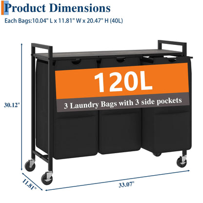 Rolling Laundry Hamper with Shelf 3 Section Laundry Sorter with Removable Bags Wheels Heavy Duty