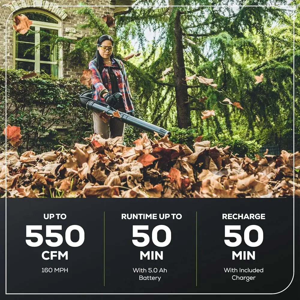 60V 550 Brushless Backpack Blower, 5.0Ah Battery and 6A Charger
