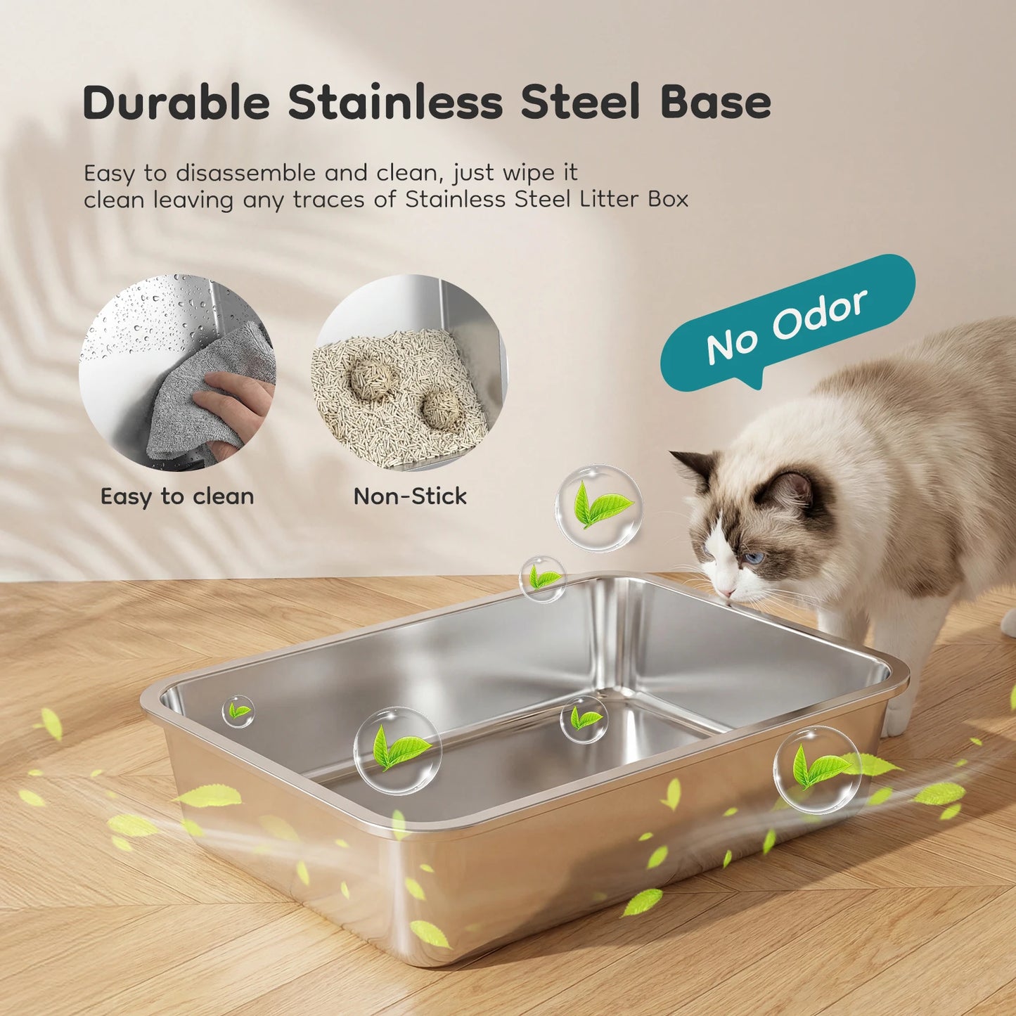 Stainless Steel Cat Litter Box with Fully Enclosed Scoop and Mat Included