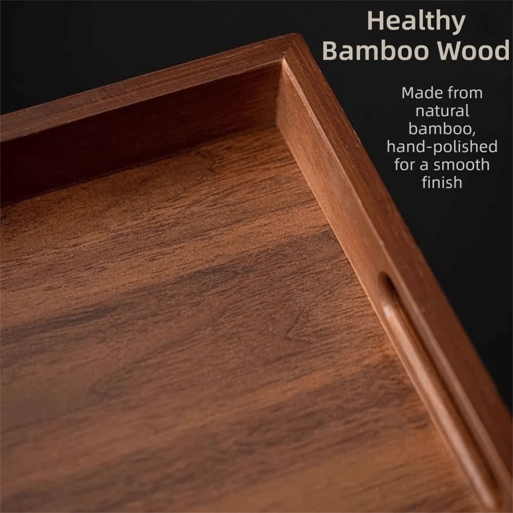 Decorate Tray Rectangular Bamboo Wooden Walnut Color with Handle Serving Tray