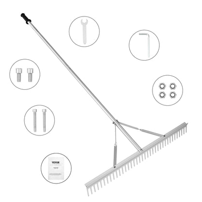 Landscape Rake 36" Head Aluminum Lake Weed Rake with 75" Long Handle for Lawn Care Weeding
