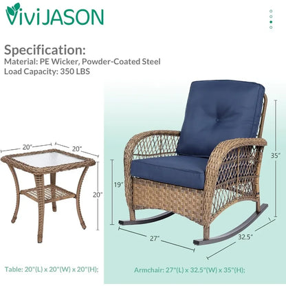 3-piece outdoor patio wicker rocking chairs rattan furniture sets w/ 2 rattan chairs, cushions, glass