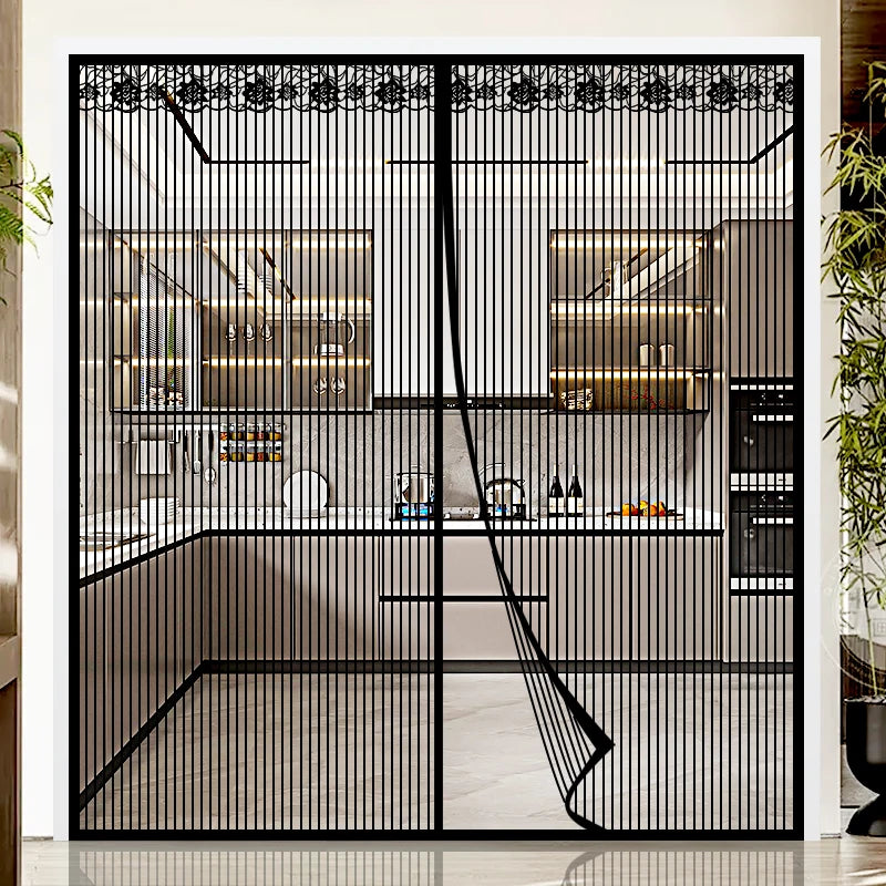 Extra Large Summer Black Striped Magnetic Screen Door Mesh Curtain