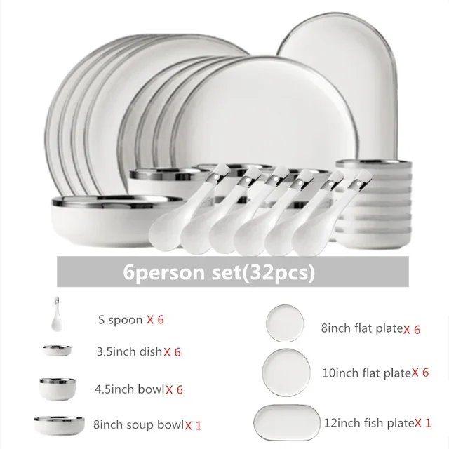 White Ceramic Plates With Silver Steak Serving Plate Bowls Ins Dinnerware set