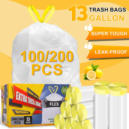 100PCS Household Trash Drawstring Bags 13 Gallon Strong Large