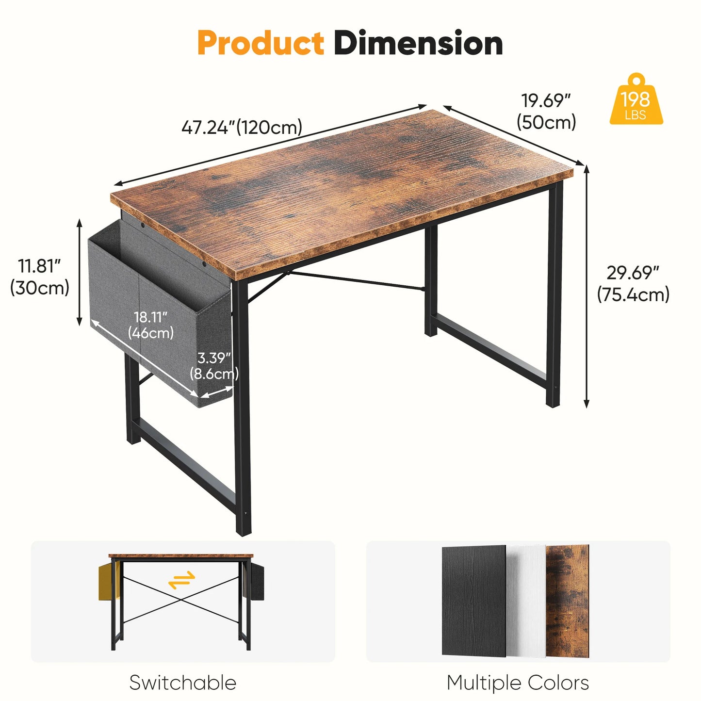 Computer Office Desk Writing Study Gaming Table with Storage Bag Metal Frame Wood Tabletop Easy Assembly