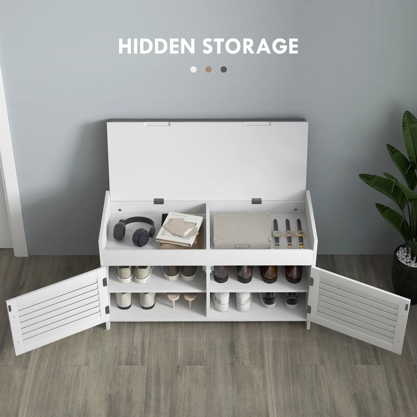 Entryway Bench with Cushion, Hidden Compartments, White
