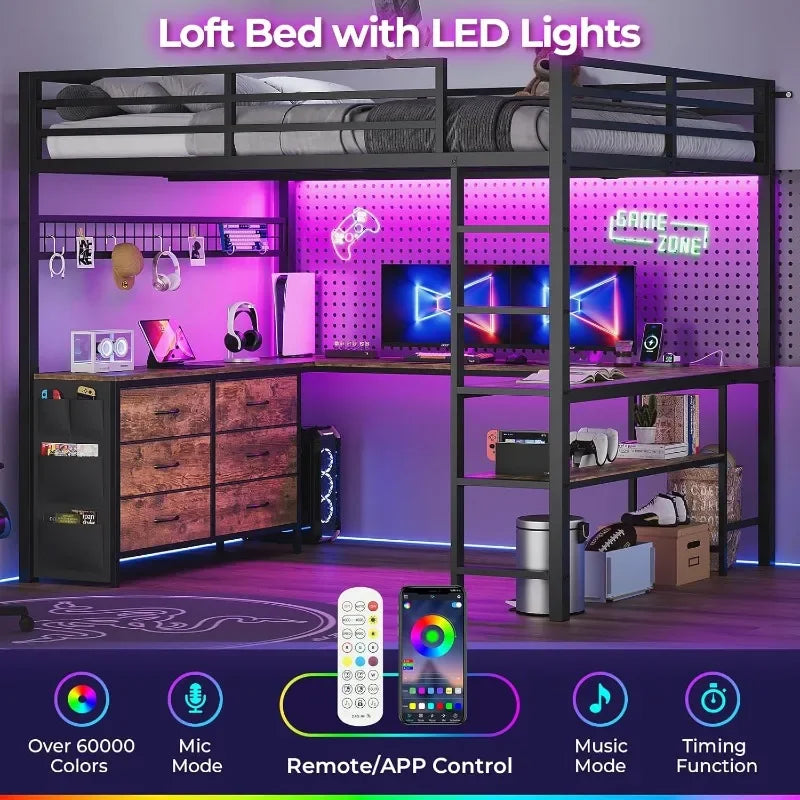 ADORNEVE Loft Bed Full Size with U-Shaped Desk, 6 Storage Drawers, Power Outlet, LED Metal with 2 Storage Shelves