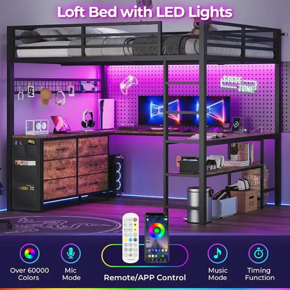 ADORNEVE Loft Bed Full Size with U-Shaped Desk, 6 Storage Drawers, Power Outlet, LED Metal with 2 Storage Shelves