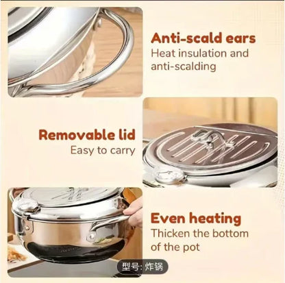Deep Fryer Pot Stainless Steel with Built-in Thermometer & Oil Drip Rack, Non-Stick, Safe for Gas & Induction Cookers