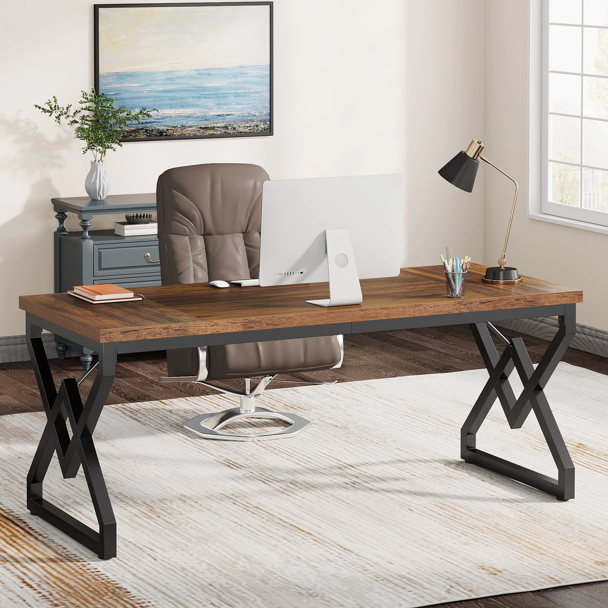 Large Industrial Executive Desk with Extra Thickened Tabletop & Metal Frame, Heavy-Duty Home Office Desk