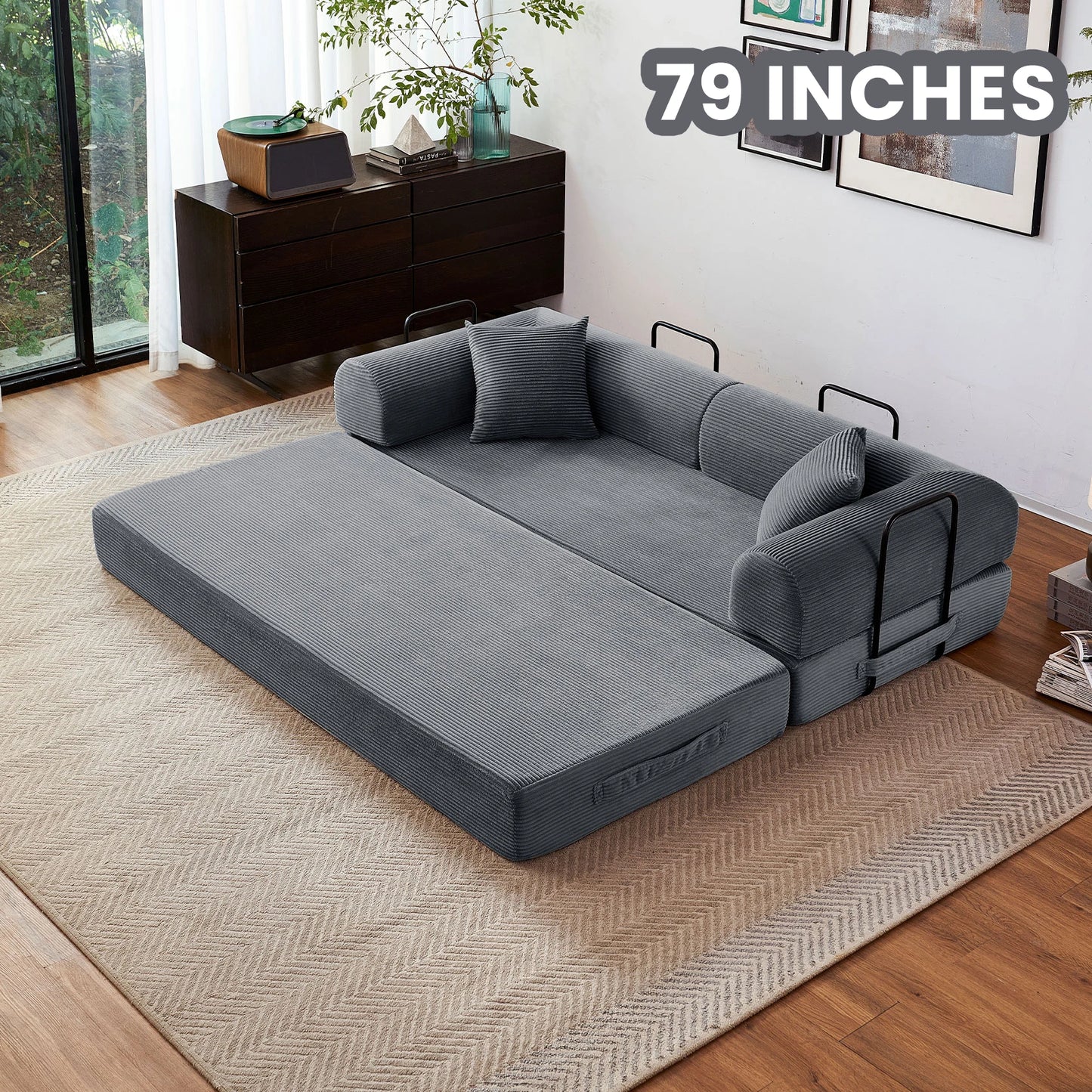 Couch Foldable Convertible Futon Sleeper Sofa Bed Floor Lounge with L-Shaped Armrests