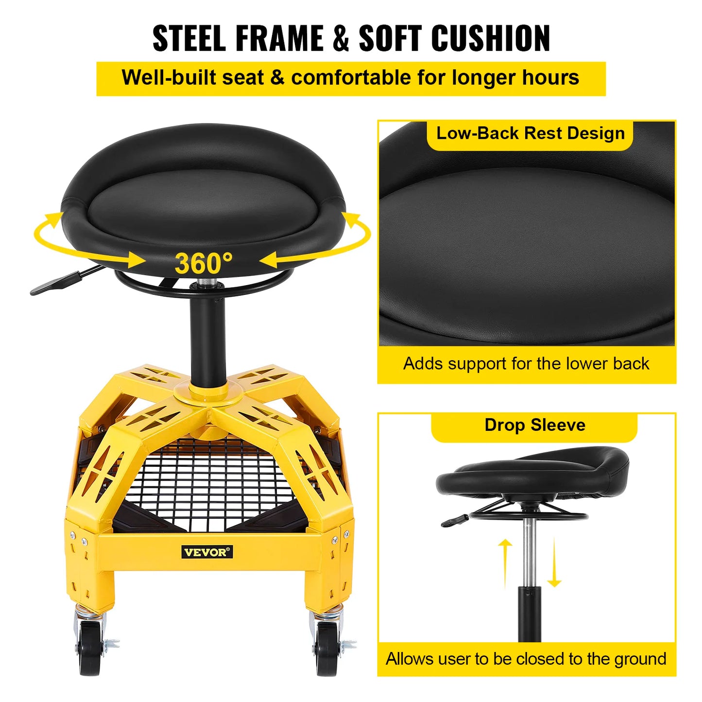 Rolling Creeper Seat Mechanic Stool Adjustable Swivel Chair with Tool Tray 300LBS