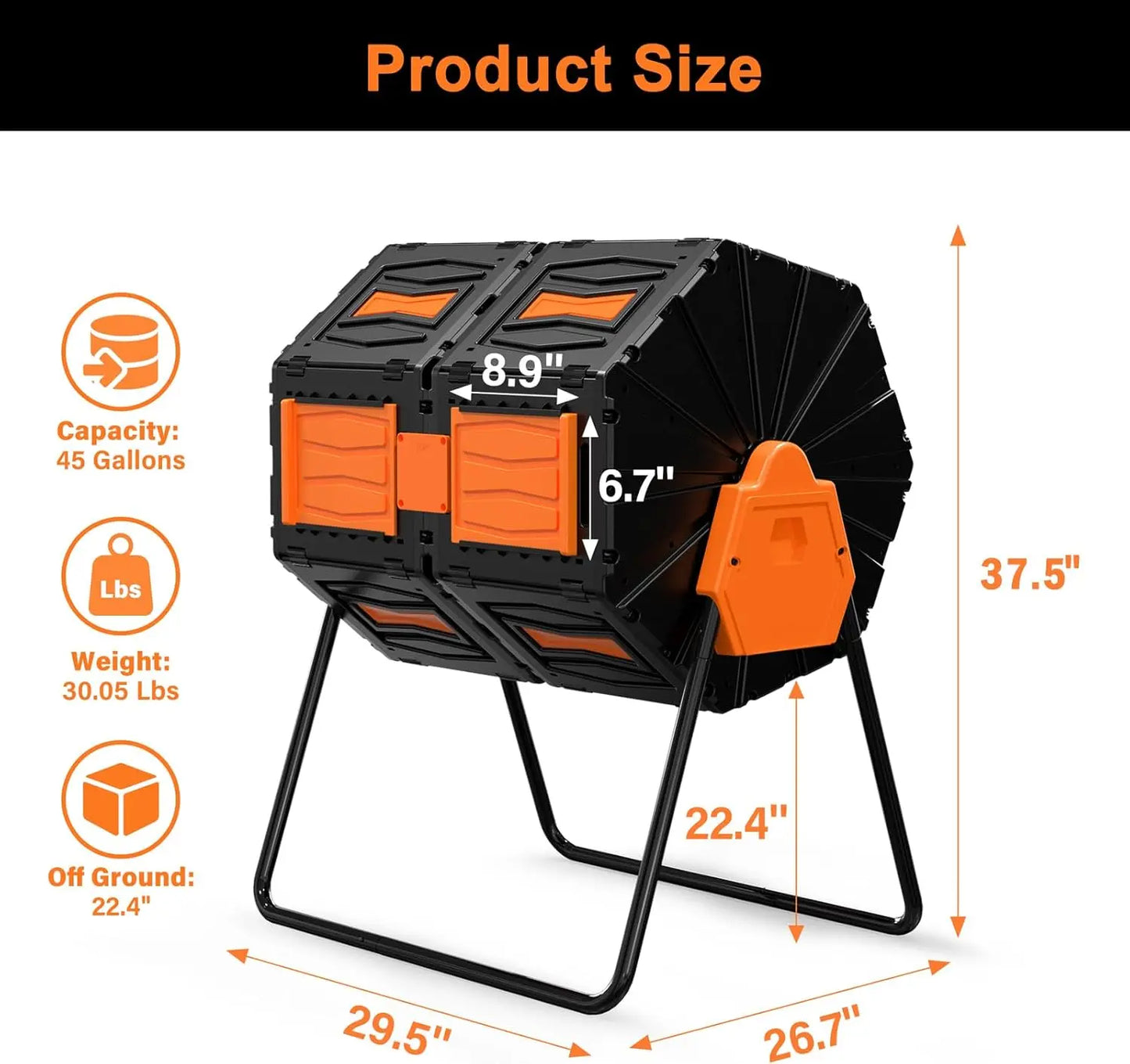 45 Gallon Dual Chamber Compost Tumbler, Easy Assemble Outdoor Bin for Garden and Kitchen Waste