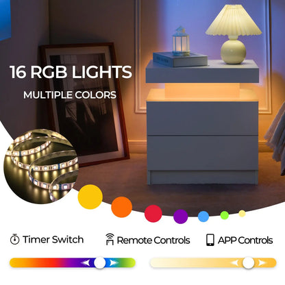 Set of 2 LED Nightstand with 2 Drawers, with LED Lights