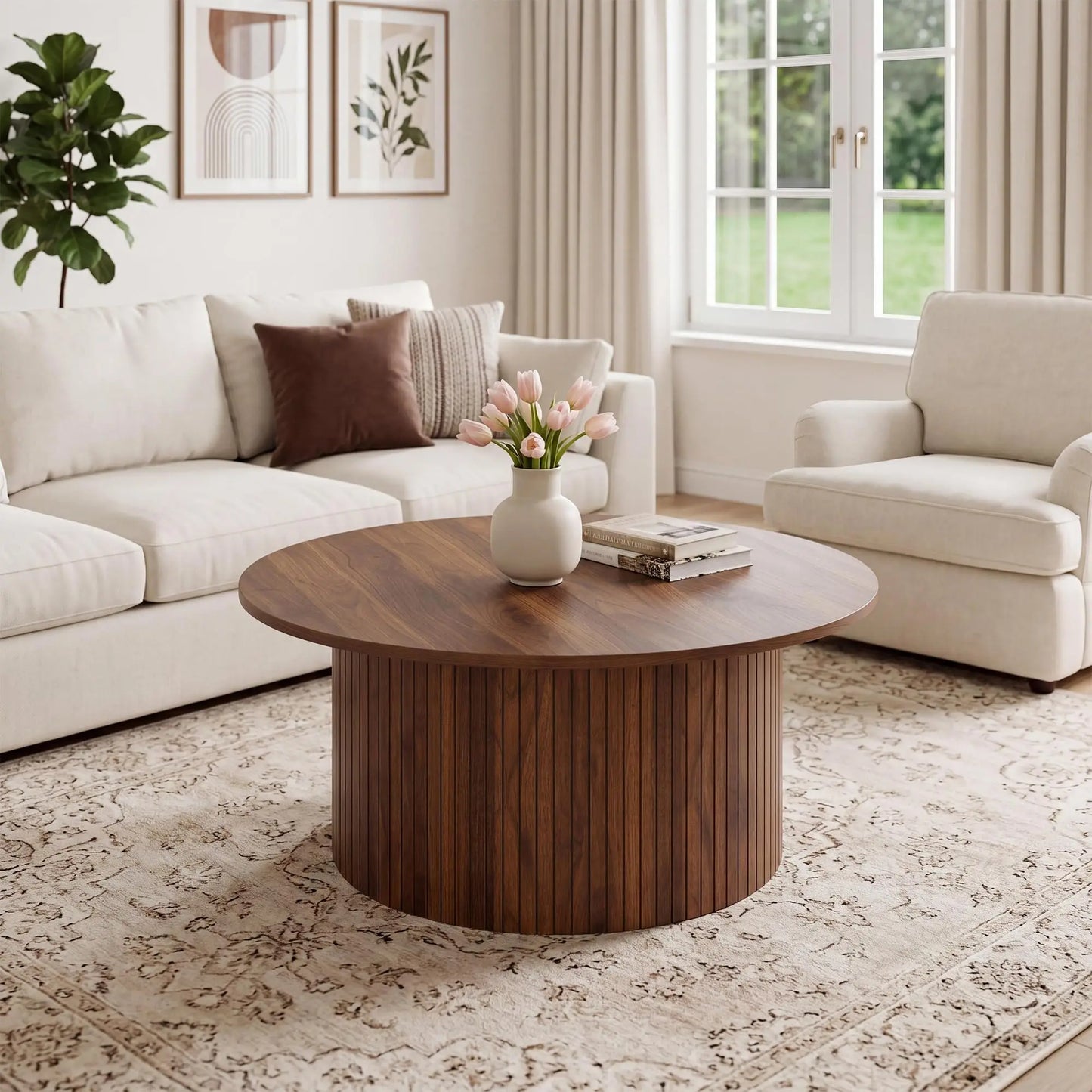 Modern Fluted Drum Coffee Table Round Accent Center Table