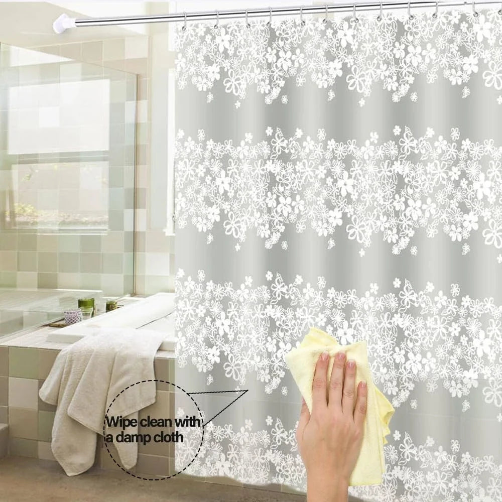 1pc White Flower Shower Curtain Liner with Metal Grommets & Plastic Hooks