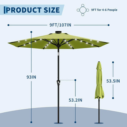 9FT Solar Patio Umbrella with 32 LED Lights - Outdoor Table Umbrella with Crank Lift, Push Button Tilt and 8 Sturdy Ribs