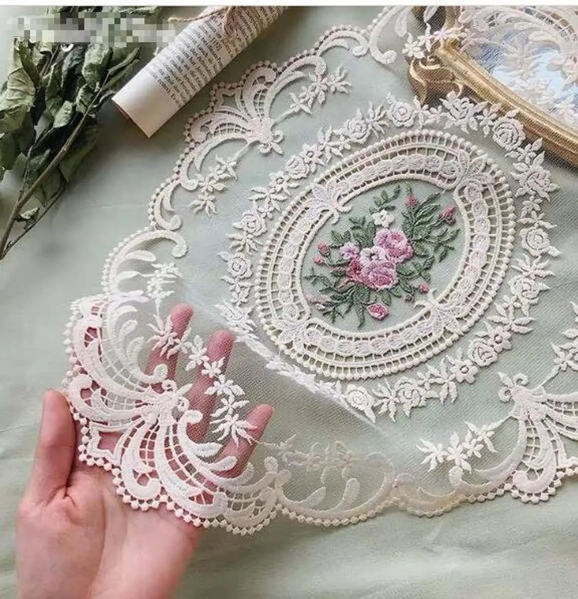 Large Beige Retro Lace Placemats, French Crochet Doilies, Handmade Embroidered