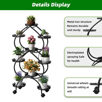 9-Potted Metal Tall Plant Stand with Wheels Flower Display