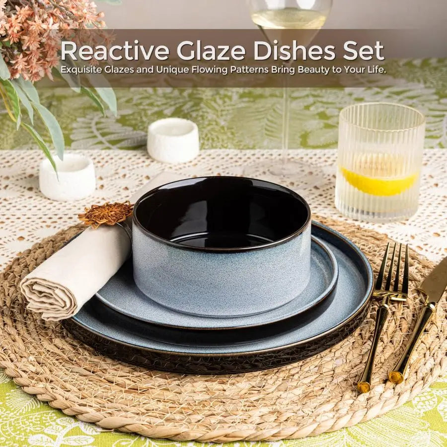 Ceramic Dinnerware Sets for 4, Round Reactive Glaze Ceramic Dishwasher and Microwave