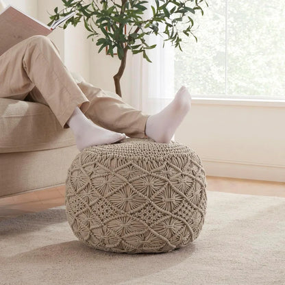 Hand Knitted Cotton Pouf Ottoman Foot Rest - Boho Round Stuffed for Living Room Bedroom Beige