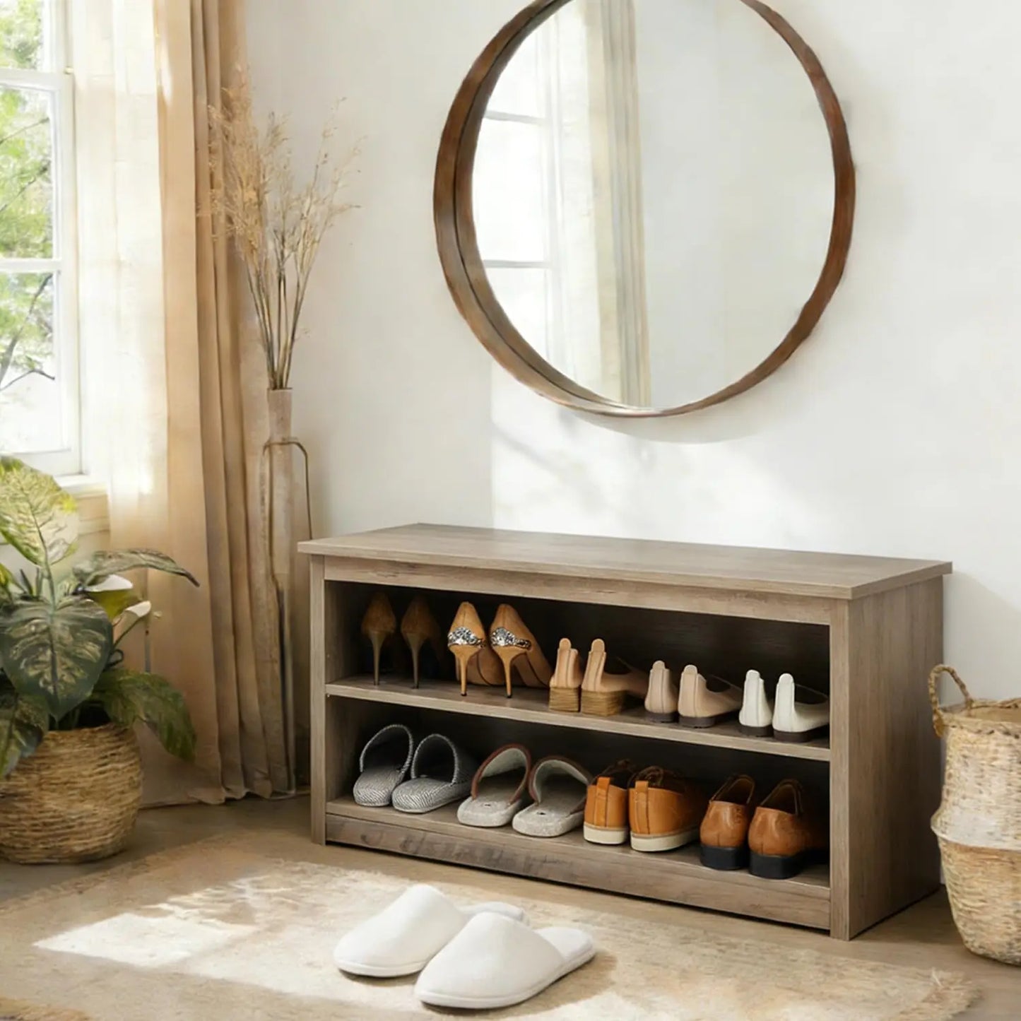 Shoe Storage entryway Bench with seat cushion Flip Drawers & Lift Top Storage Box,3-Tier Short Shoe