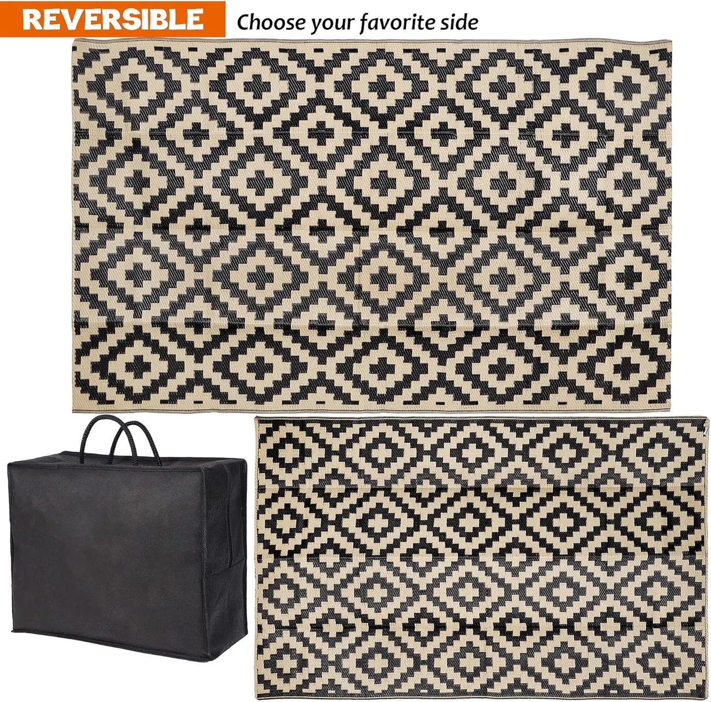 Waterproof Outdoor Rug 5x8 ft, Reversible Plastic Mat for Patio, Backyard, Beach, Camping in Black & Beige