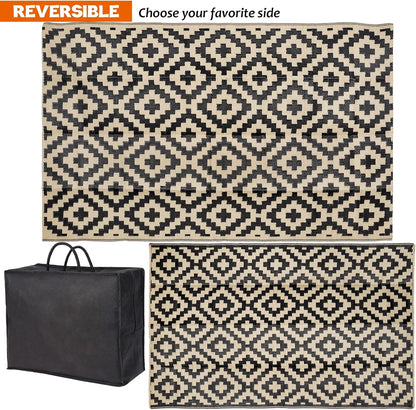 Waterproof Outdoor Rug 5x8 ft, Reversible Plastic Mat for Patio, Backyard, Beach, Camping in Black & Beige