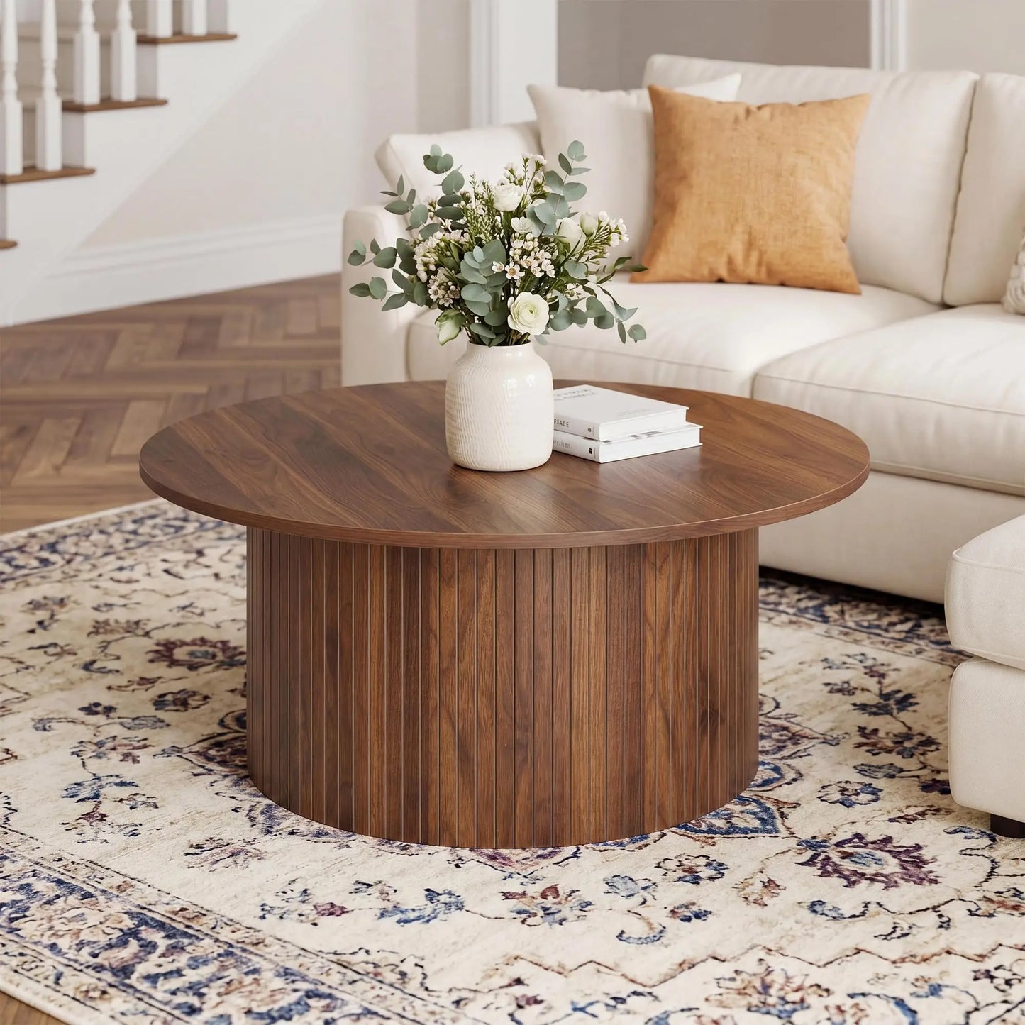 Modern Fluted Drum Coffee Table Round Accent Center Table