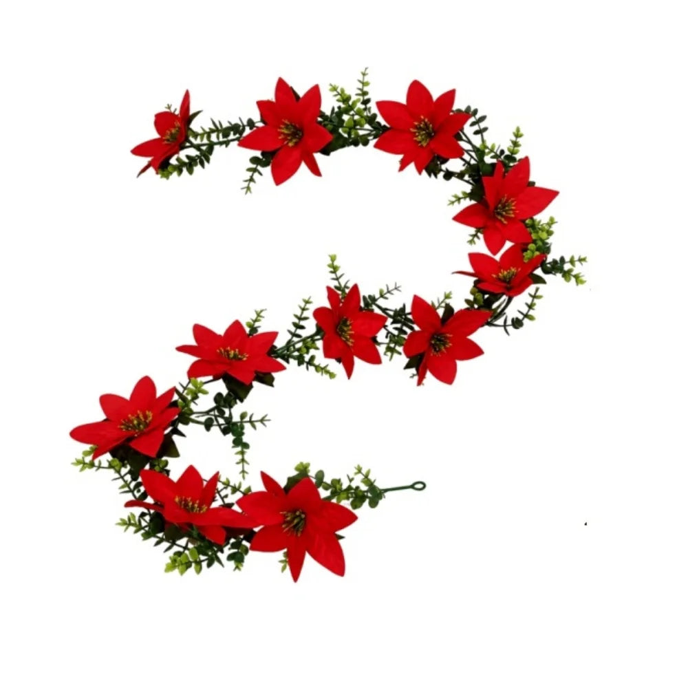 2Pcs Artificial Christmas Garland Red Poinsettia Eucalyptus Faux Flower