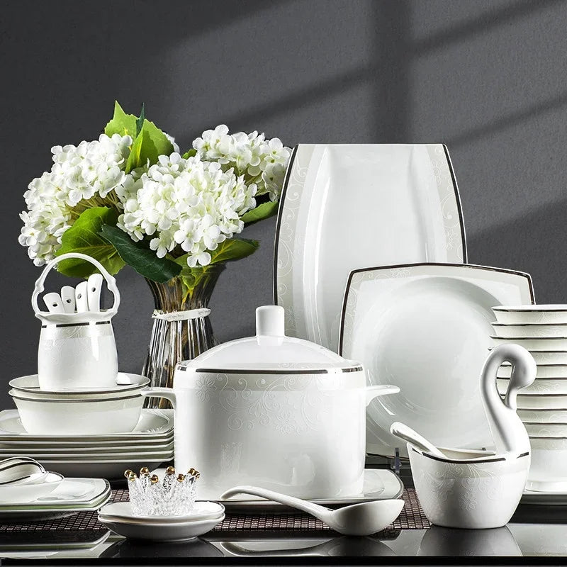 60-Piece Porcelain Set Light Luxury Silver Edge Dinner Set