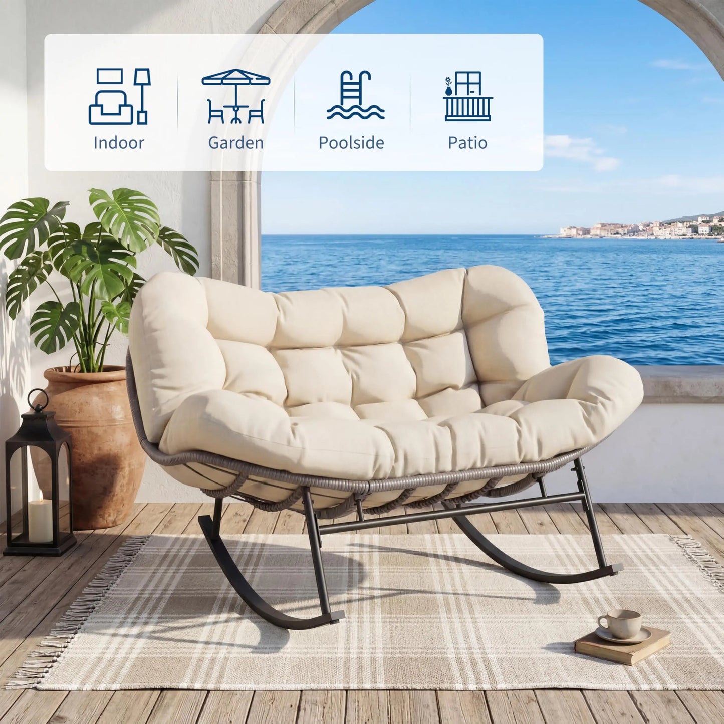 Patio egg Rocking Chair Set with Ottoman Double Wicke Indoor, Outdoor Lounge Chair