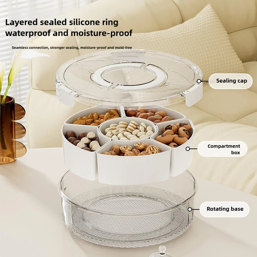 Rotation Divided Serving Tray with Lid and Handle Large Snack Box Container