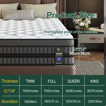 Hybrid Mattress 12/14-Inch Medium Firm Gel Memory Foam with Pocketed Springs Boxed - Comfortable Mattress