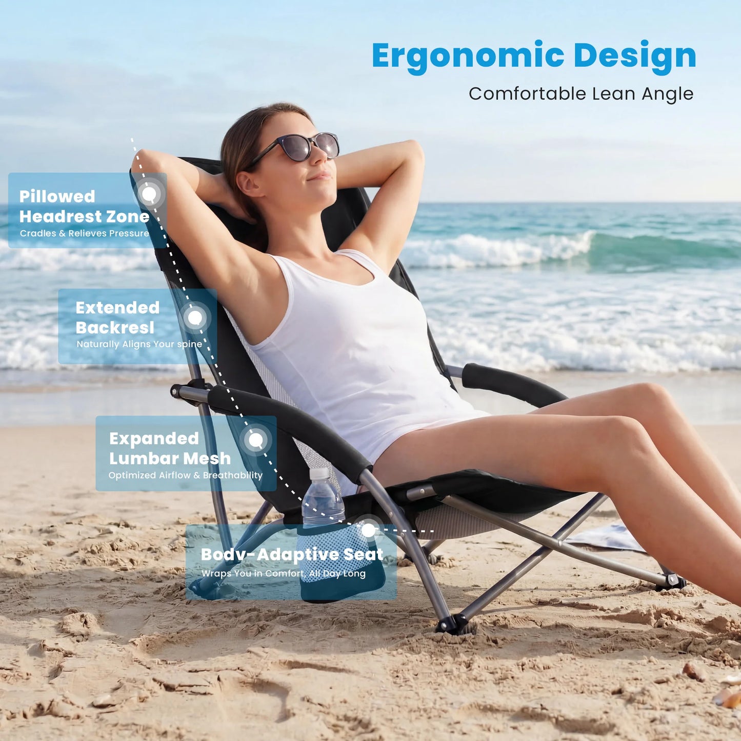 Outdoor Folding Low Beach Chair Collapsible Padded with Cup Holder Storage Bag Mesh Back