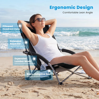 Outdoor Folding Low Beach Chair Collapsible Padded with Cup Holder Storage Bag Mesh Back