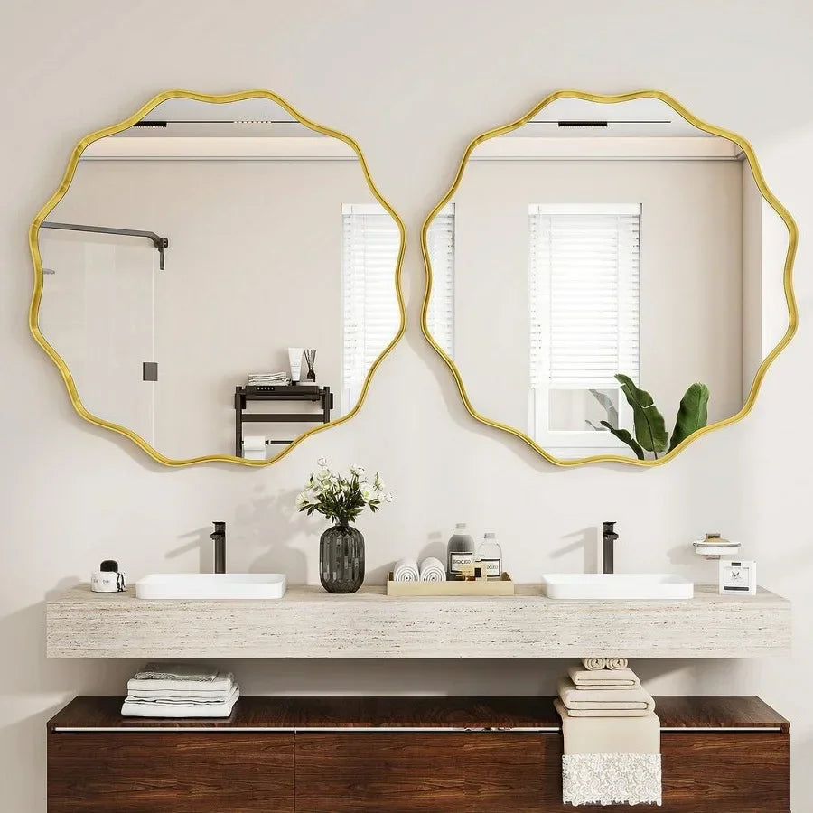36" Wavy Round Decorative Mirror With Deep Frame Gold