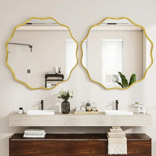36" Wavy Round Decorative Mirror With Deep Frame Gold