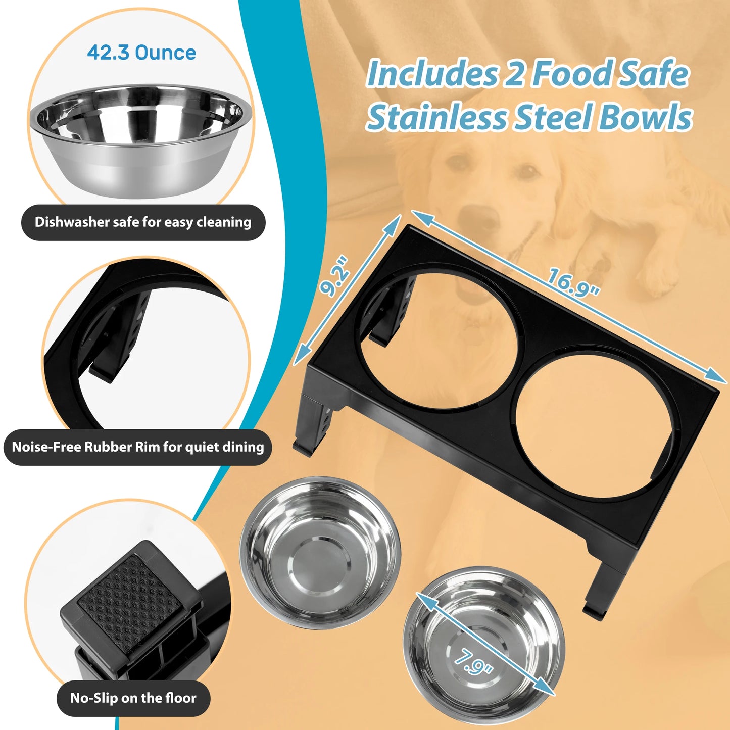 Elevated Dog Bowls with 2 Stainless Steel Dog Food Bowls, Raised Dog Bowl Adjusts to 5 Heights
