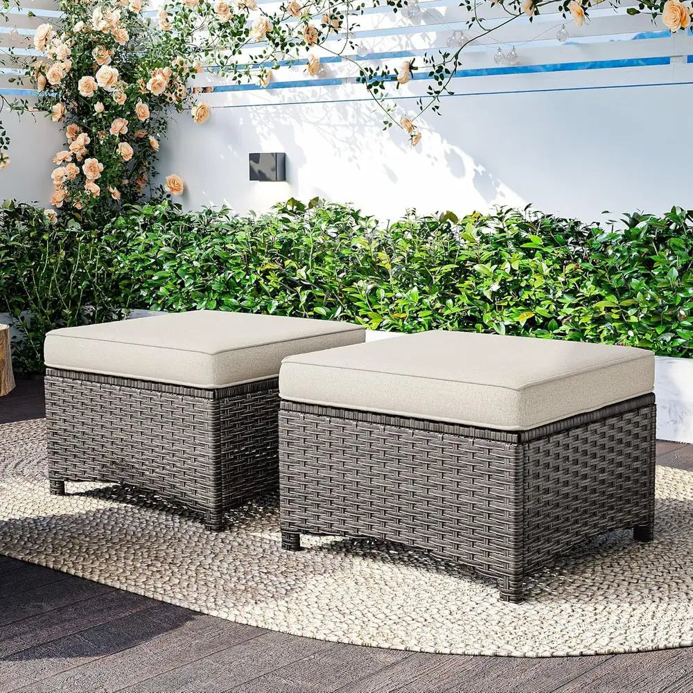 2-Piece Outdoor Wicker Ottoman Set with Removable Cushions for Patio