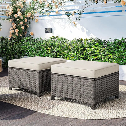 2-Piece Outdoor Wicker Ottoman Set with Removable Cushions for Patio