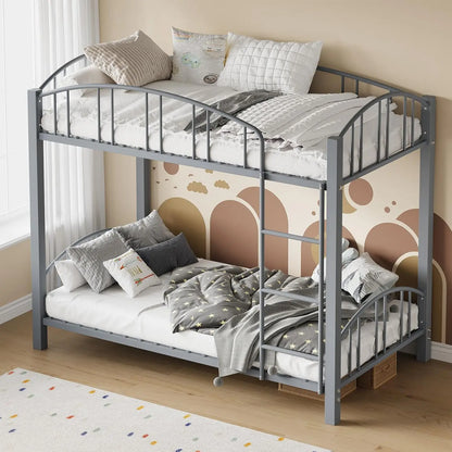Metal Loft Bed Bunk Beds Twin Over Full Size with Heightened Safety Guardrail & Ladder