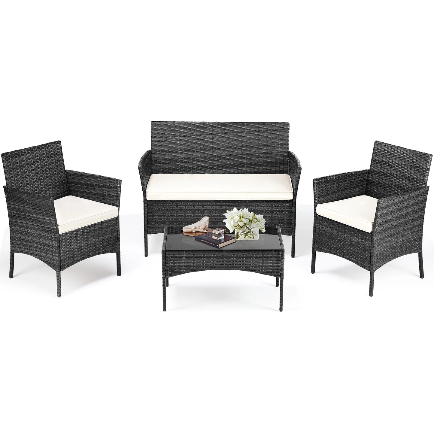 4 Piece Outdoor Patio Furniture Set with Soft Cushion and Glass Table Manual Weaving Wicker chairs
