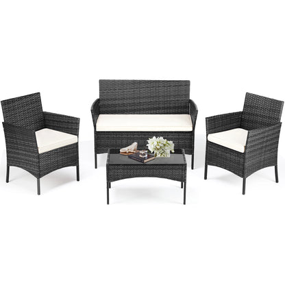 4 Piece Outdoor Patio Furniture Set with Soft Cushion and Glass Table Manual Weaving Wicker chairs