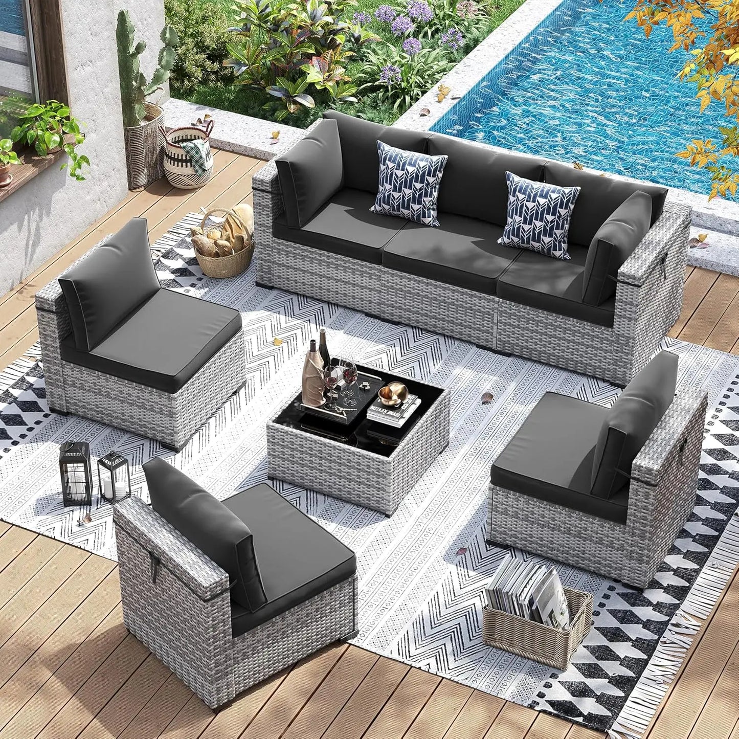7 Pieces PE Wicker Sectional Sofa with Tea Table, Outdoor Conversation Set for Patio