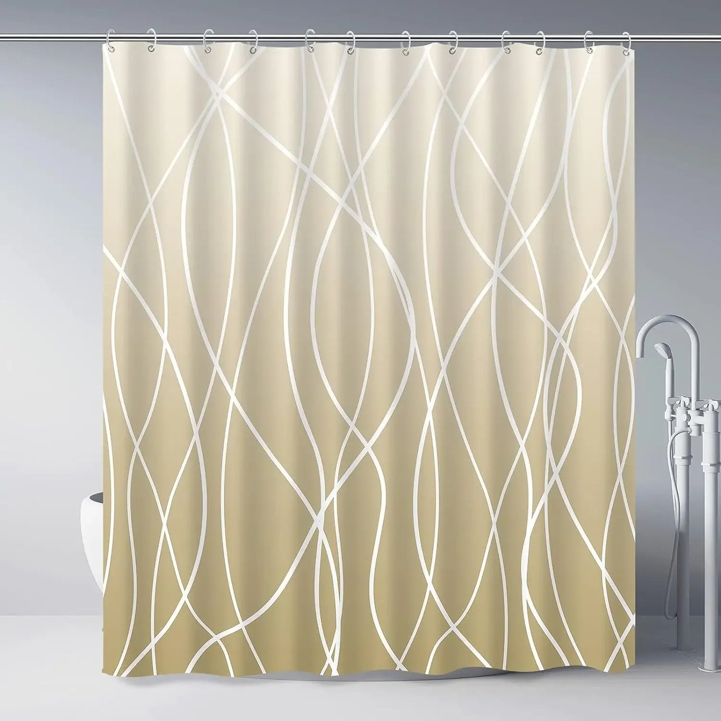 unframed Modern black and white striped corrugated fabric bathroom shower curtain.