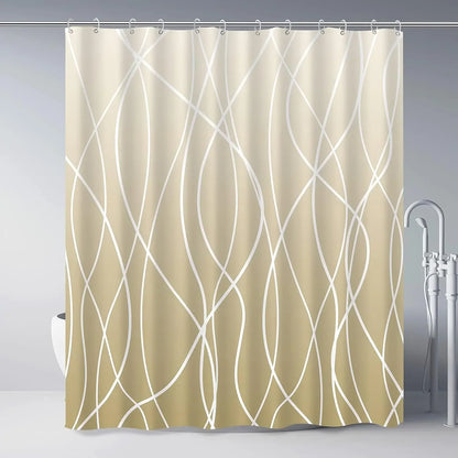 unframed Modern black and white striped corrugated fabric bathroom shower curtain.
