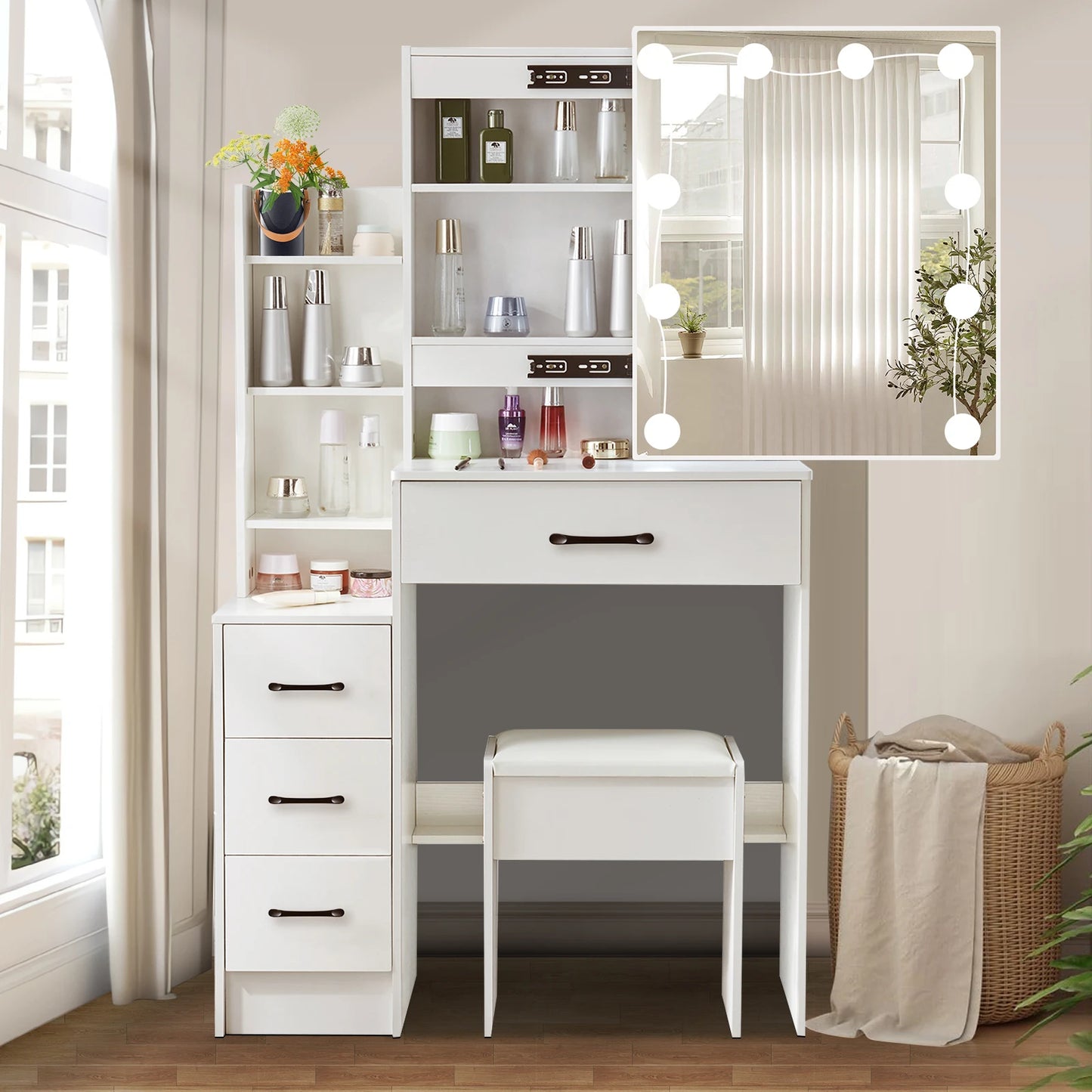 Modern White Dressing Table Stool Set with 3-Color Adjustable LED Light Mirror 4 Drawers.